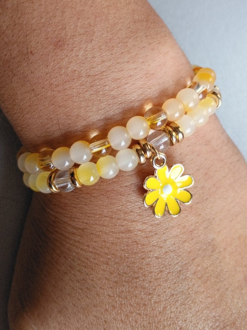 Handmade Yellow Glass Beaded Bracelet Stack | Daisy Charm 6"